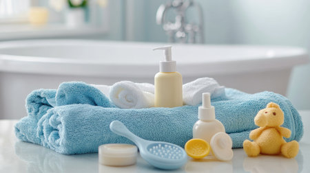 Soft baby towel with small bath accessories including mild soap, lotion, and rubber toys, perfect for a soothing bath.の素材