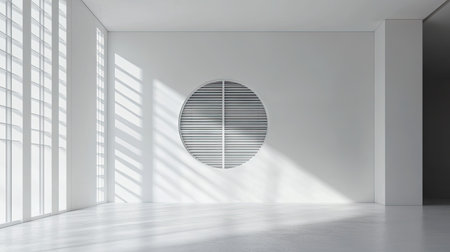 Round grid air conditioner in a minimalist room, with attention to the efficient vent design for cooling large spaces.の素材