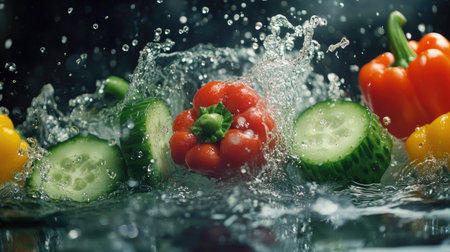 Sliced cucumber and bell peppers splashing into water, showcasing the fresh and cool quality of the vegetables.の素材
