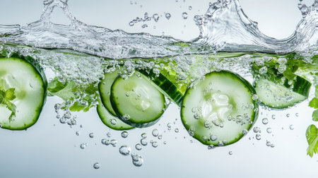 Sliced cucumbers and peppers falling into water with dynamic splashes and bubbles, highlighting freshness and texture.の素材