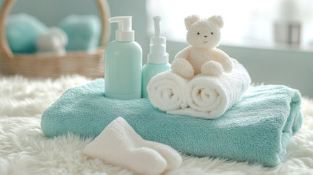 Soft baby washcloth, gentle shampoo, and lotion arranged neatly on a fluffy towel, ideal for a soothing bath setup.の素材