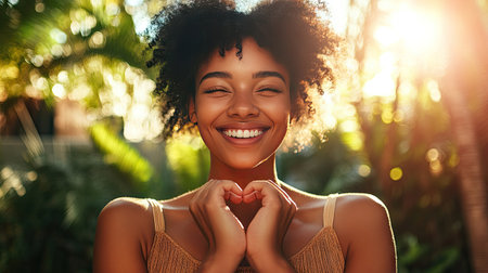 Smiling woman making a heart shape with her hands in front of her chest, set against a sunny outdoor background.の素材