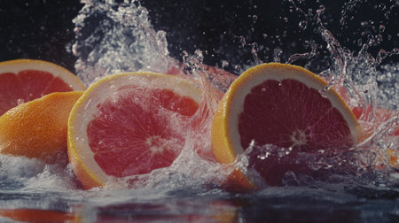 Slices of grapefruit and orange hitting the water with a lively splash, capturing a fresh burst of citrus goodness.の素材