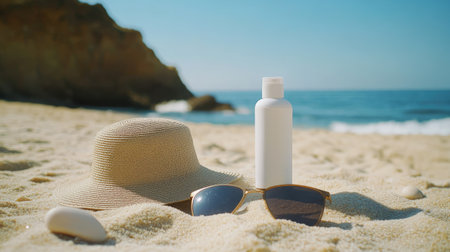 Sun protection essentials on warm sand SPF sunscreen, hat, and sunglasses, perfect for summer days by the sea.の素材