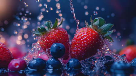 Red strawberries and blueberries in water splashes, vivid colors and droplets standing out against a dark background.の素材