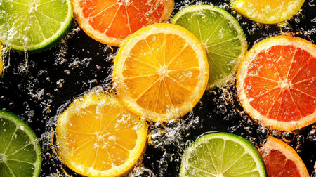 Sliced citrus fruits in water splashes, with vivid yellow, green, and orange colors illuminated against black.の素材