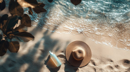 Sunscreen spray, hat, and flip-flops resting on sandy beach with waves lapping nearby, evoking a safe, sun-filled day.の素材