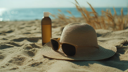 Sun protection essentials on warm sand SPF sunscreen, hat, and sunglasses, perfect for summer days by the sea.の素材