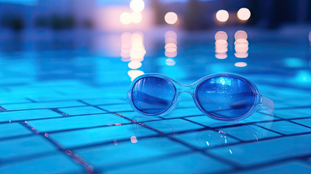 Swimming goggles with blue-tinted lenses, lying on pool tiles near the water's edge, with reflections from the pool lights.の素材