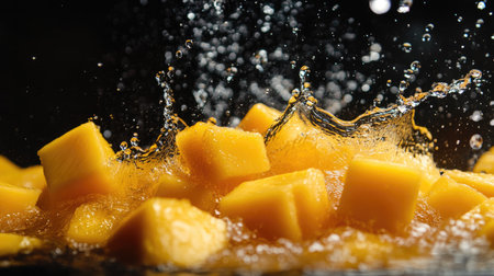 Sliced mango and pineapple chunks splashing into water, vibrant yellow and orange colors glowing against black.の素材