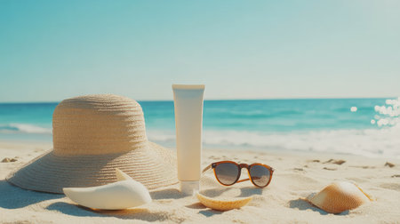SPF sun protection items like sunscreen lotion, beach hat, and sunglasses set on sandy shore under clear, sunny skies.の素材