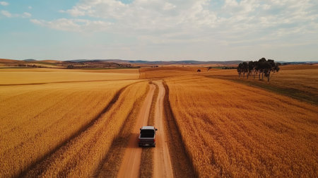 Truck driving along a dirt road through a golden field of wheat, with a rural landscape stretching out aheadの素材