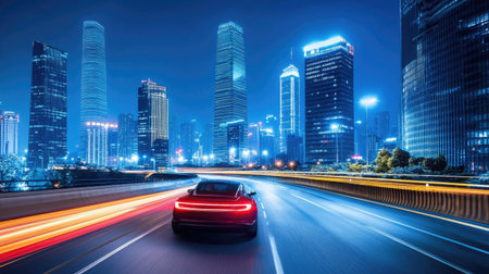 Sports car driving along a modern highway with bright lights and tall skyscrapers under a clear night skyの素材