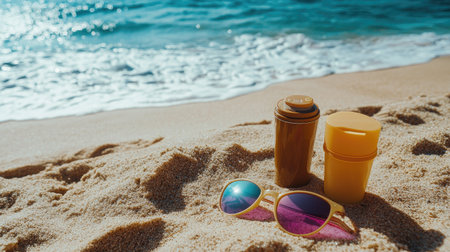 Sunscreen lotion and sunglasses arranged on sandy beach near the shoreline, ready for a sun-safe beach day.の素材