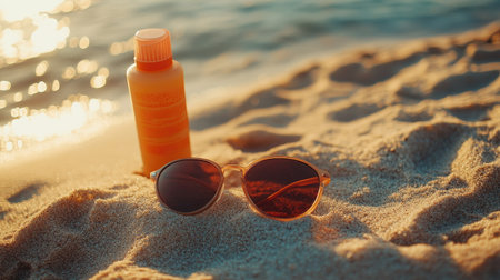 Sunscreen lotion and sunglasses arranged on sandy beach near the shoreline, ready for a sun-safe beach day.の素材