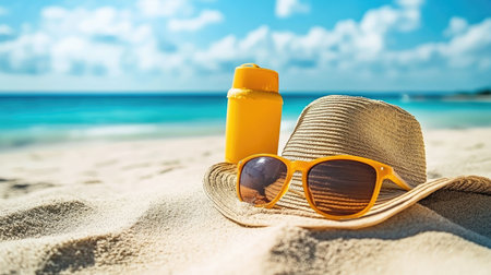 Sun protection essentials on warm sand SPF sunscreen, hat, and sunglasses, perfect for summer days by the sea.の素材