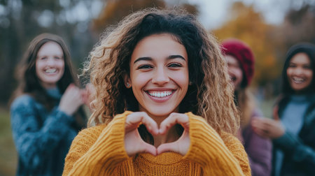 Smiling woman making a heart shape with her hands while standing in front of her friends, showing friendship and joy.の素材