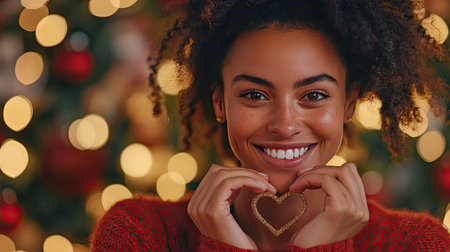 Smiling woman making a heart gesture with her hands against a festive holiday background.の素材