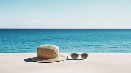 Sun protection essentials on warm sand sunscreen, straw hat, and shades, against a backdrop of ocean and clear sky.の素材