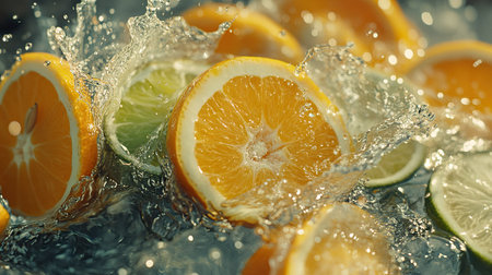 Slices of oranges, lemons, and limes splashing into water, creating a burst of droplets in a zesty, refreshing scene.の素材