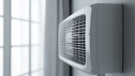 Round grid air conditioner in a minimalist room, with attention to the efficient vent design for cooling large spaces.の素材