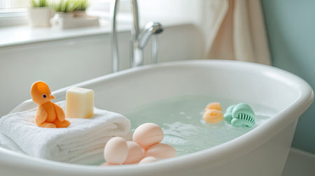 Small baby bathtub with gentle bath essentials soap, washcloth, and rubber toys arranged neatly on a nearby towel.の素材