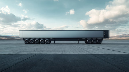 Side view of a trailer parked on asphalt, with black wheels aligned and ready for heavy cargo.の素材