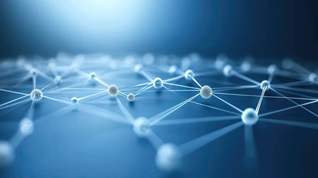 Technology-inspired background with bright dots connected by thin lines, forming a web-like structure over a blue gradient.の素材