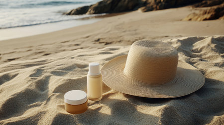 Set of sun protection products on warm beach sand sunscreen, SPF lip balm, and a wide-brimmed hat, with the sea visible beyond.の素材