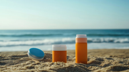 Sun protection products, including sunscreen and lip balm, placed on a sunny beach with gentle ocean waves in the background.の素材