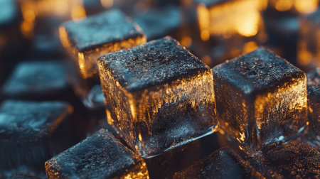 Close-up of frosty ice cubes piled together, each reflecting light and creating a sense of cold, refreshing clarity.の素材