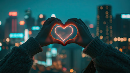 Close-up of a woman's hands forming a heart shape over her heart, with a blurred cityscape in the background.の素材