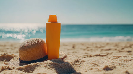 Bright sunscreen and beach hat on sandy beach near the water's edge, capturing a sunny day with proper sun protection.の素材