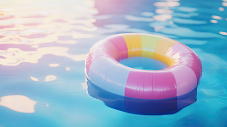 Colorful inflatable ring floating in a calm swimming pool, with sunlit reflections and a serene summer vibe.の素材