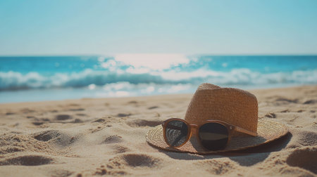 Beach essentials sunscreen, straw hat, and sunglasses on warm sand with ocean waves in the distance, perfect for summer vibes.の素材