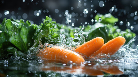 Fresh carrots and lettuce splashing into water, with bubbles and droplets capturing their natural color and crispness.の素材