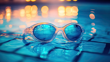 Swimming goggles with blue-tinted lenses, lying on pool tiles near the water's edge, with reflections from the pool lights.の素材