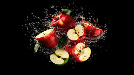 Whole and sliced apples in mid-air, splashing into water with bright splashes, highlighting red and green hues against black.の素材