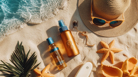 Various sun protection items arranged on the sand, featuring sunscreen, beach hat, and sunglasses, with a sunny ocean backdrop.の素材