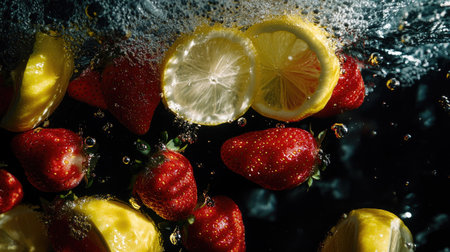 Vibrant strawberries and lemon slices in water splashes, the colors illuminated dramatically against black.の素材