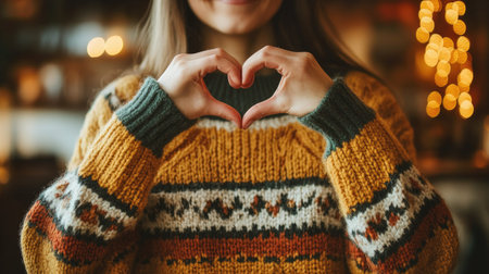 Woman in a cozy sweater making a heart shape with her hands, framed against a warm and inviting indoor background.の素材
