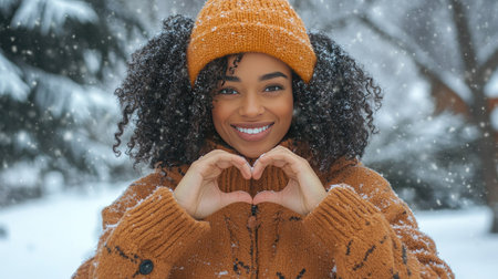 Woman in a cozy winter outfit making a heart with her hands, standing in front of a snowy background.の素材