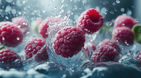 Whole raspberries falling into clear water, creating a splash with droplets frozen in mid-air, showcasing their juicy texture.の素材