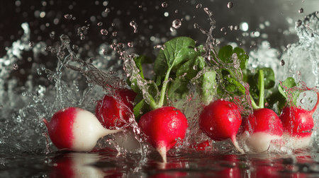 Whole radishes in a splash of water, with their red and white tones standing out against the motion of droplets.の素材