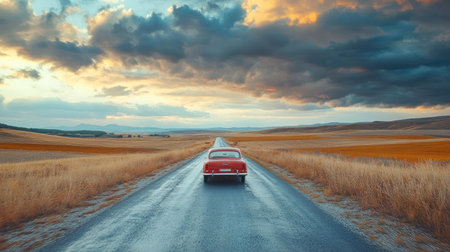 Vintage car driving on an empty road surrounded by vast open fields, under a dramatic sky with cloudsの素材