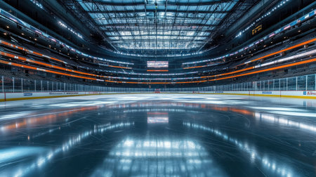 Wide view of an empty hockey rink with freshly zambonied ice, the reflections giving a sense of calm before the game.の素材
