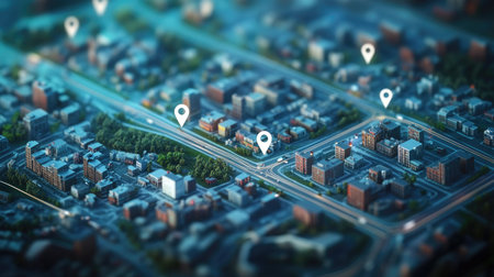 Aerial view of interconnected city blocks with location pins, highlighting logistics and urban planning.の素材