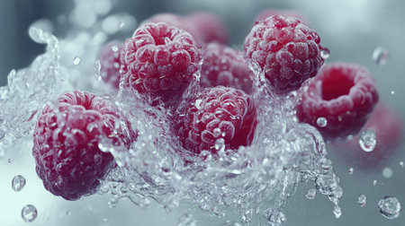 Whole raspberries falling into clear water, creating a splash with droplets frozen in mid-air, showcasing their juicy texture.の素材