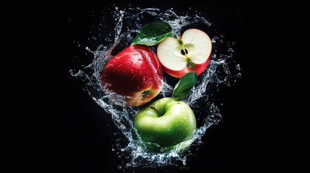 Whole and sliced apples in mid-air, splashing into water with bright splashes, highlighting red and green hues against black.の素材