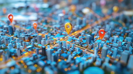 Aerial view of a sprawling urban landscape with floating location pins marking key destinations and city highlights.の素材